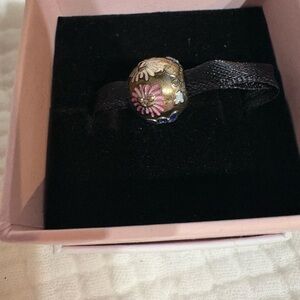 Pandora Gold Floral Enamel Charm with Pink & Blue Flowers